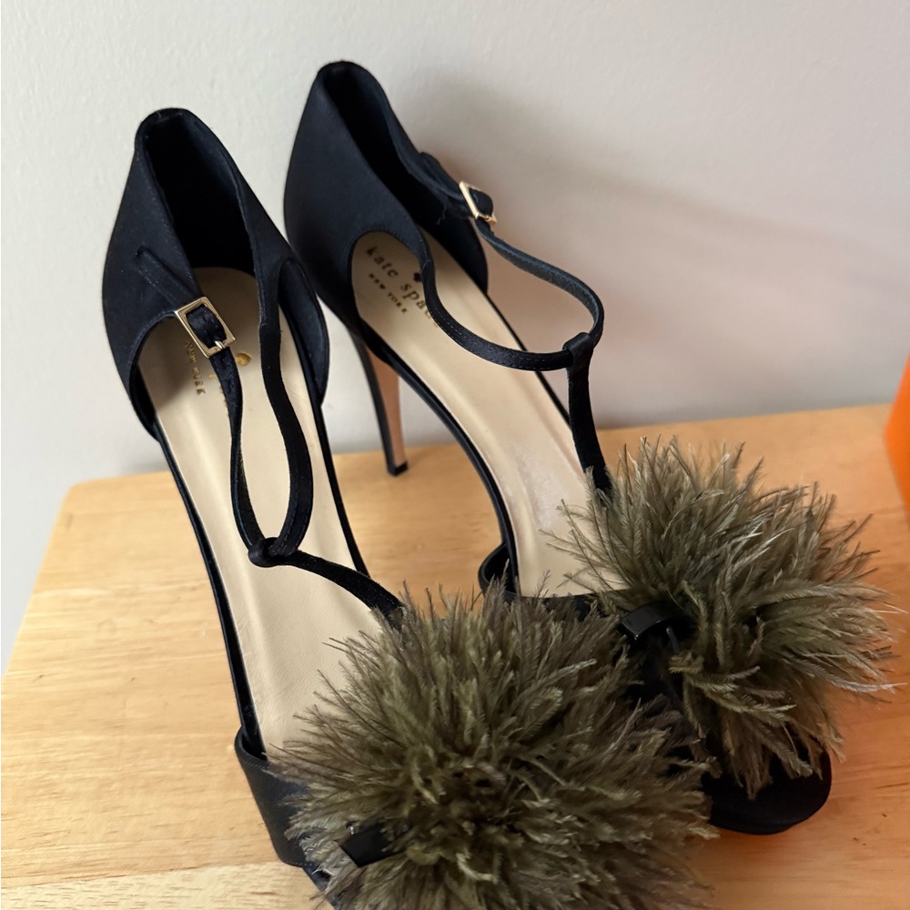 kate spade Black Satin Heels with T-strap Design and Feather Pom-pom Decoration